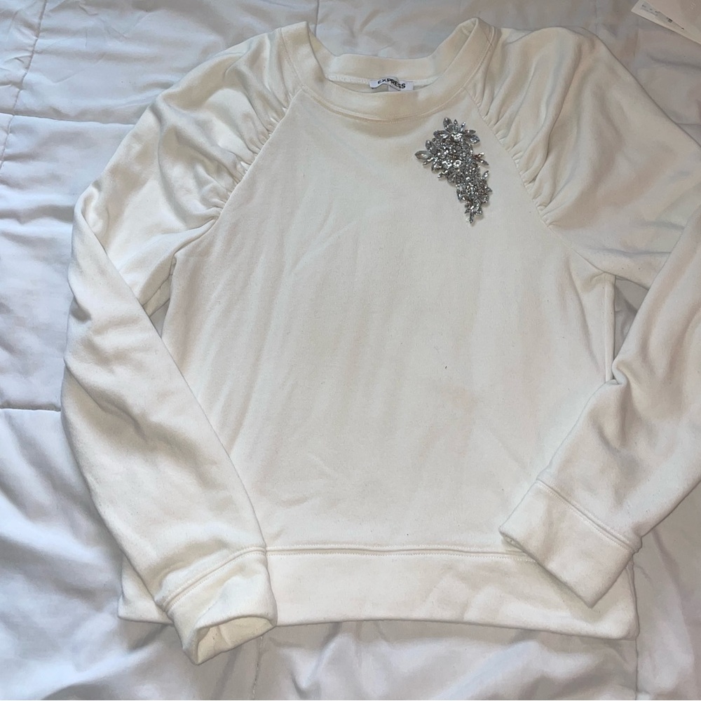 Express White Sweatshirt with Silver Embellishments